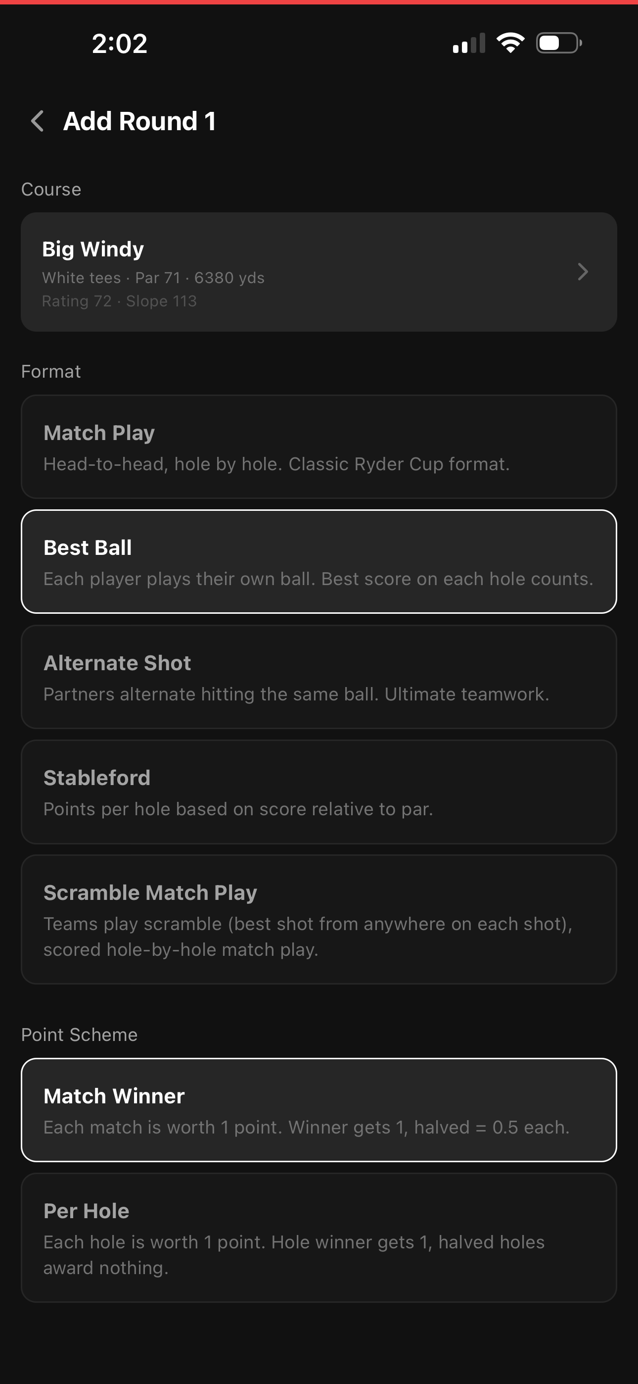 Round configuration with format selection